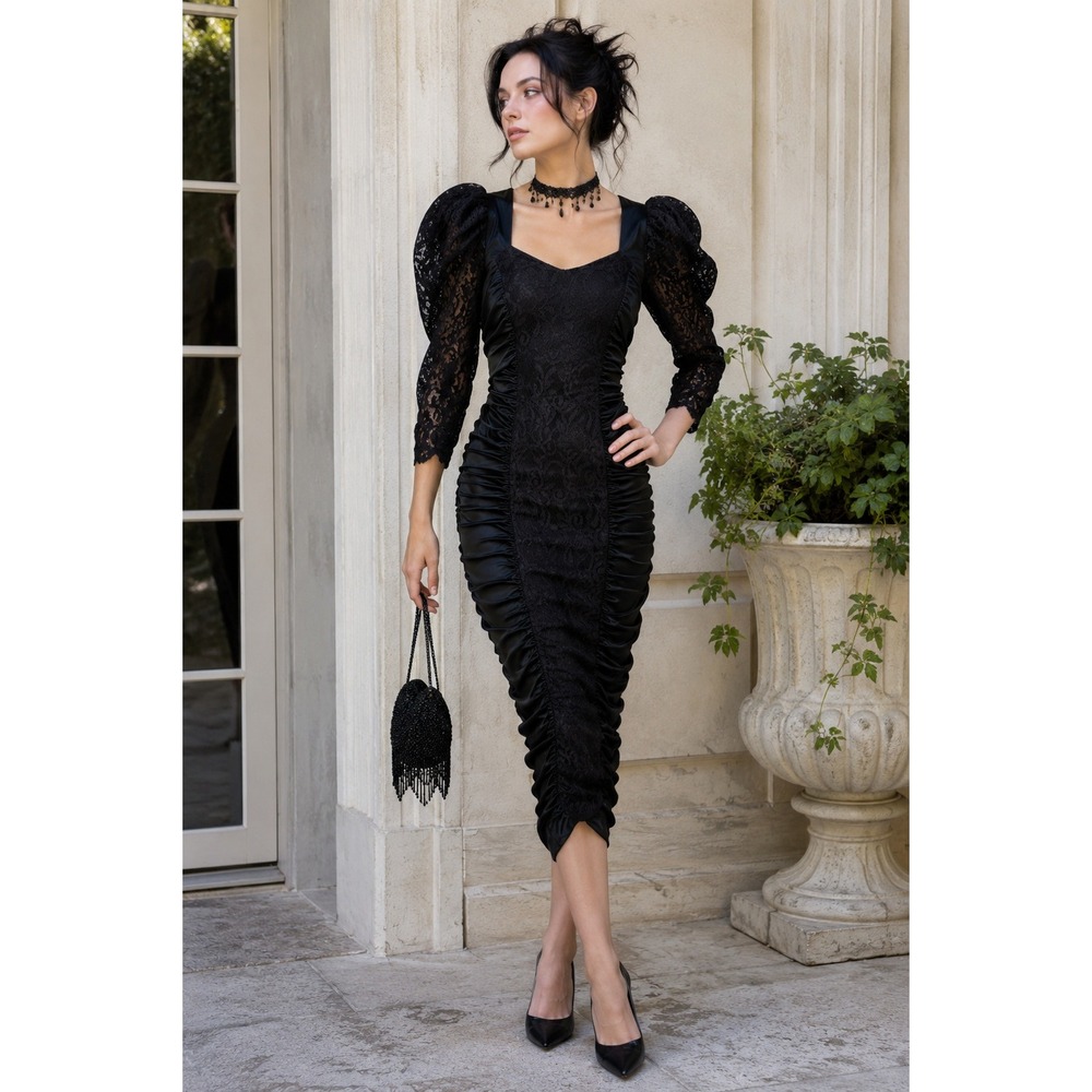 Vintage Mayvens of California Dress Women XS Black Ruched Lace 80s Prom Goth ALT